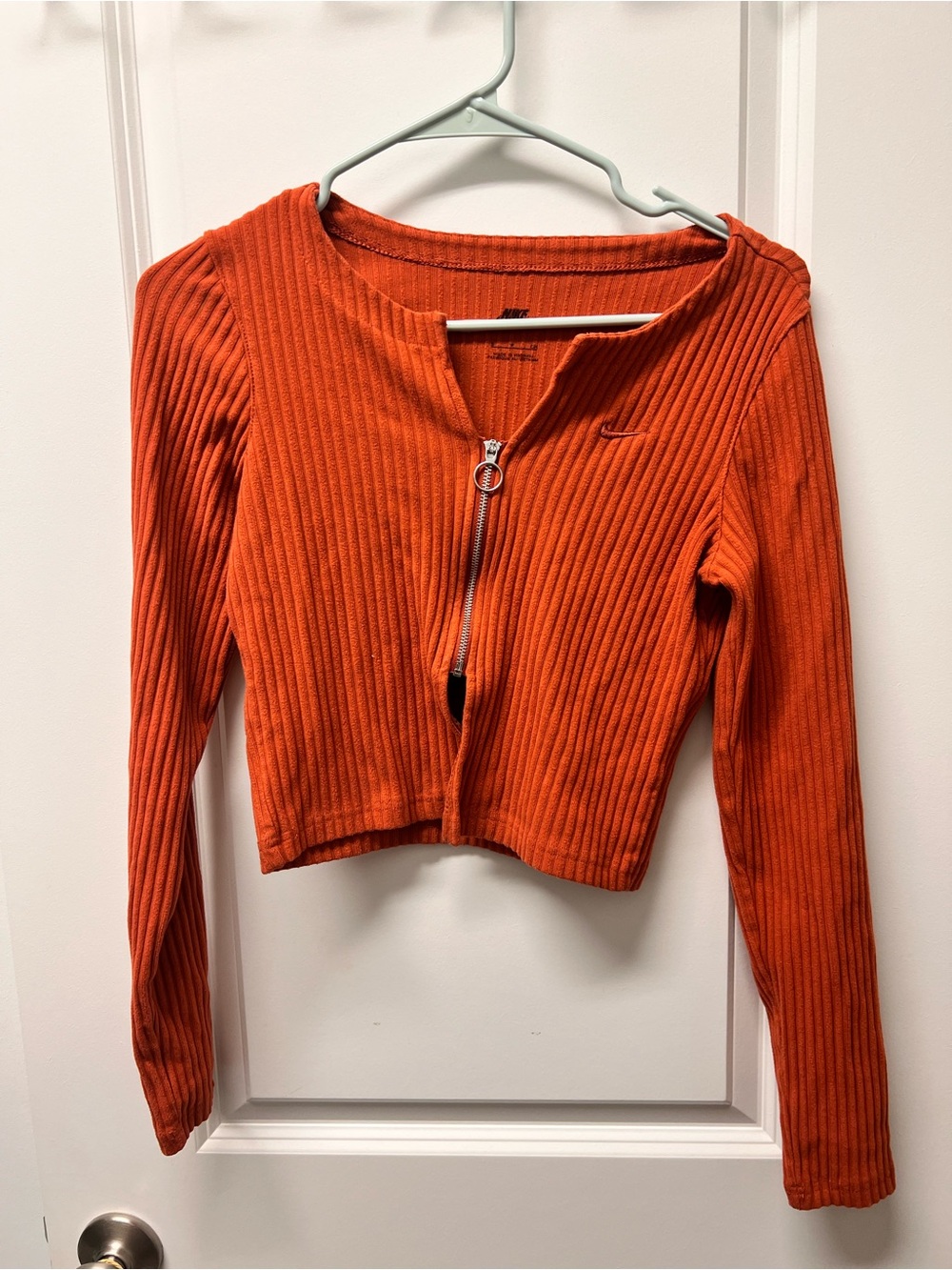 Nike Orange Ribbed Zip-Front Long Sleeve Crop Top